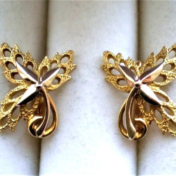 Vintage Original Russian Soviet USSR 18K 750 Yellow White Gold Leaf EARRINGS - Picture 2 of 5